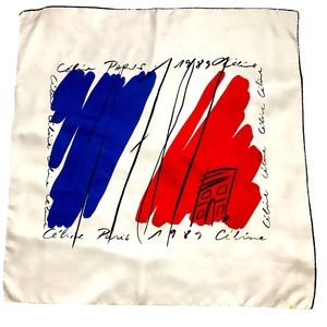 Ce’line Paris 1989 vintage luxury 100% silk 34” X 34” creamy white w red & blue